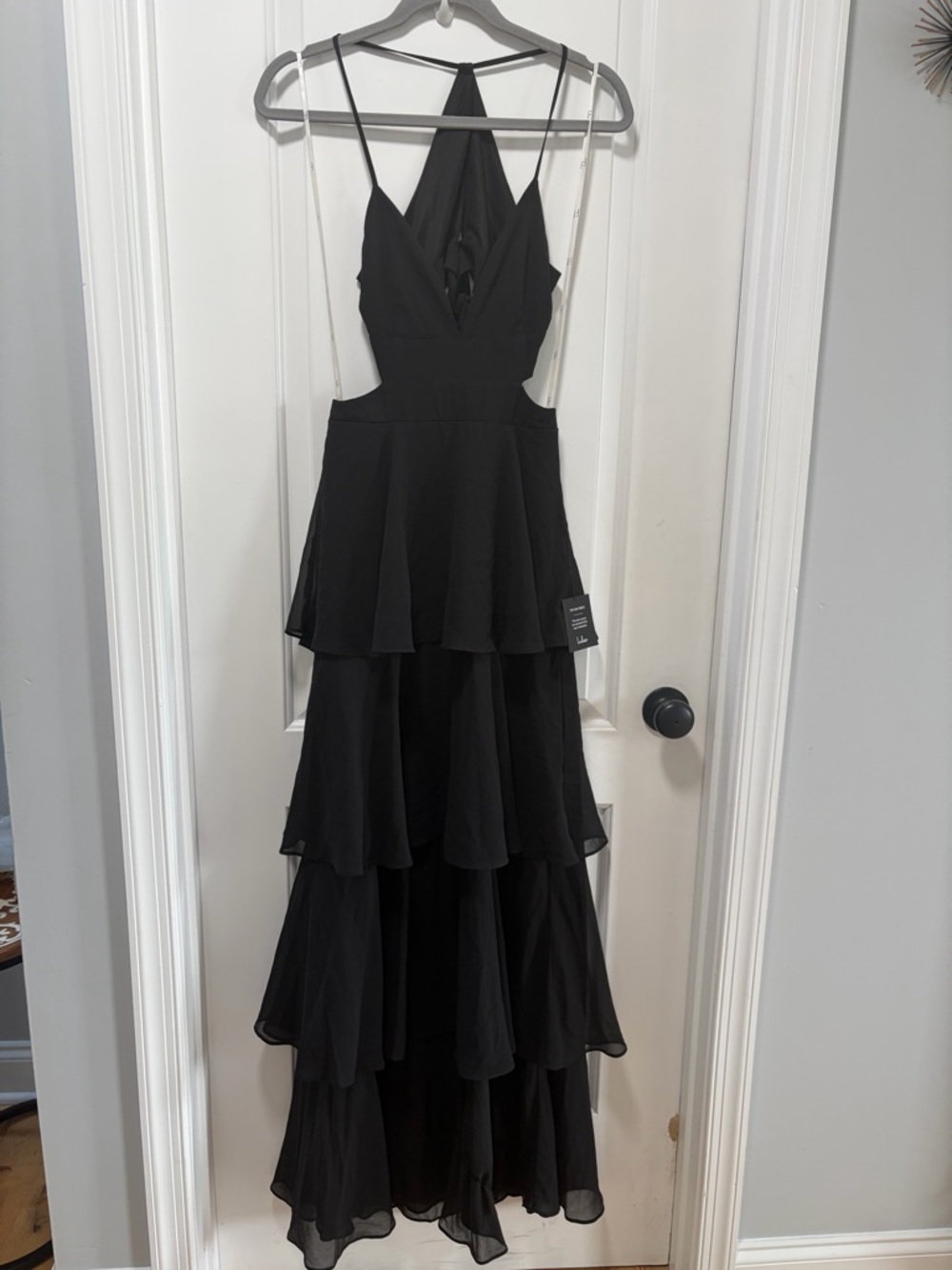 Lulus Tier and Now NWT size Small Black Tie-Back Tiered Maxi Dress - Picture 4 of 13